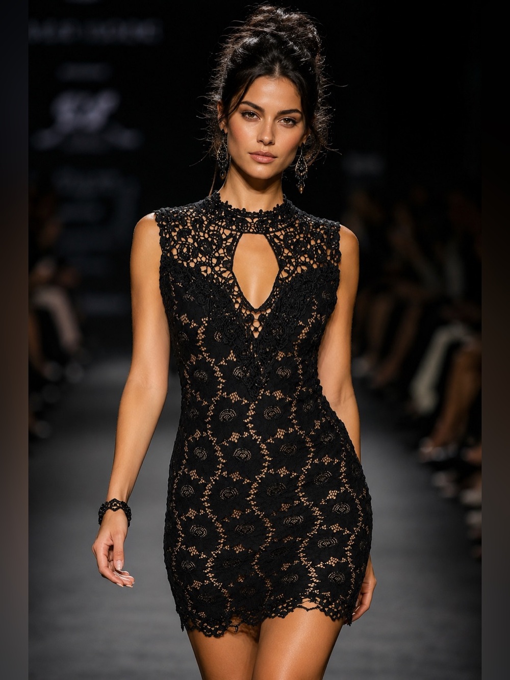 Alt.B Black Lace Bodycon Mini Dress Mock Neck Keyhole Back - Size - M - NWT